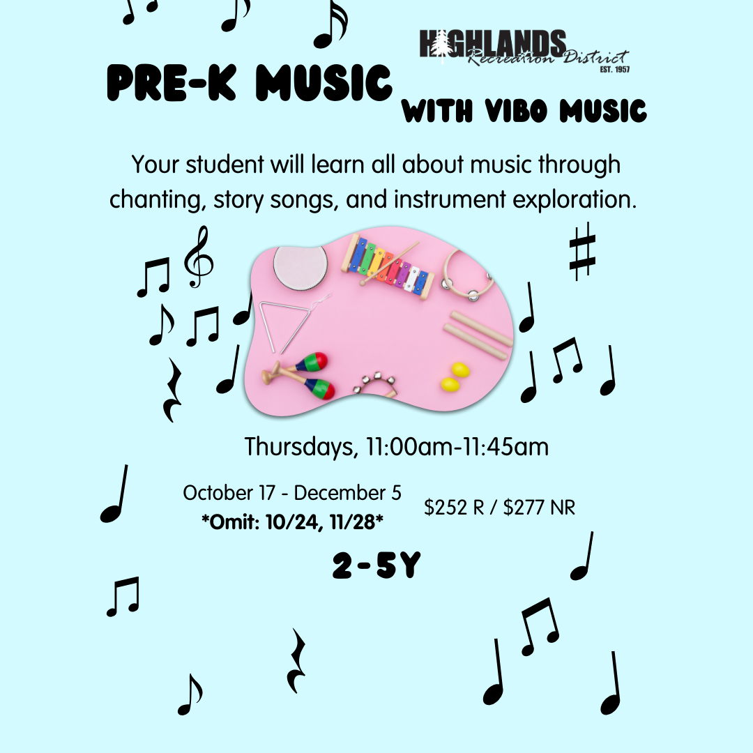 A flyer promoting a Pre-K music class for children 2-5 years old, with information on schedule, dates, and fees.