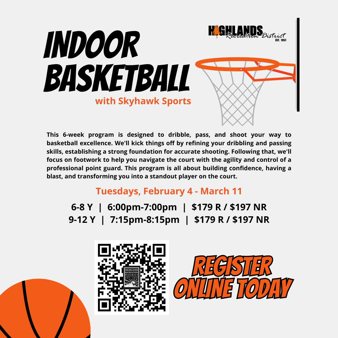 Indoor basketball program with Skyhawk Sports for ages 6-12, Feb 4-Mar 11. Register online now.