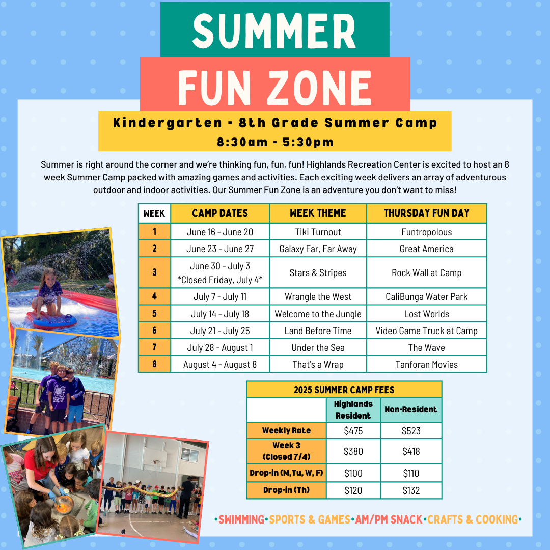 Summer camp flyer for K-8, June 16 - August 8, with weekly themes and fun activities; includes camp fees and schedule.