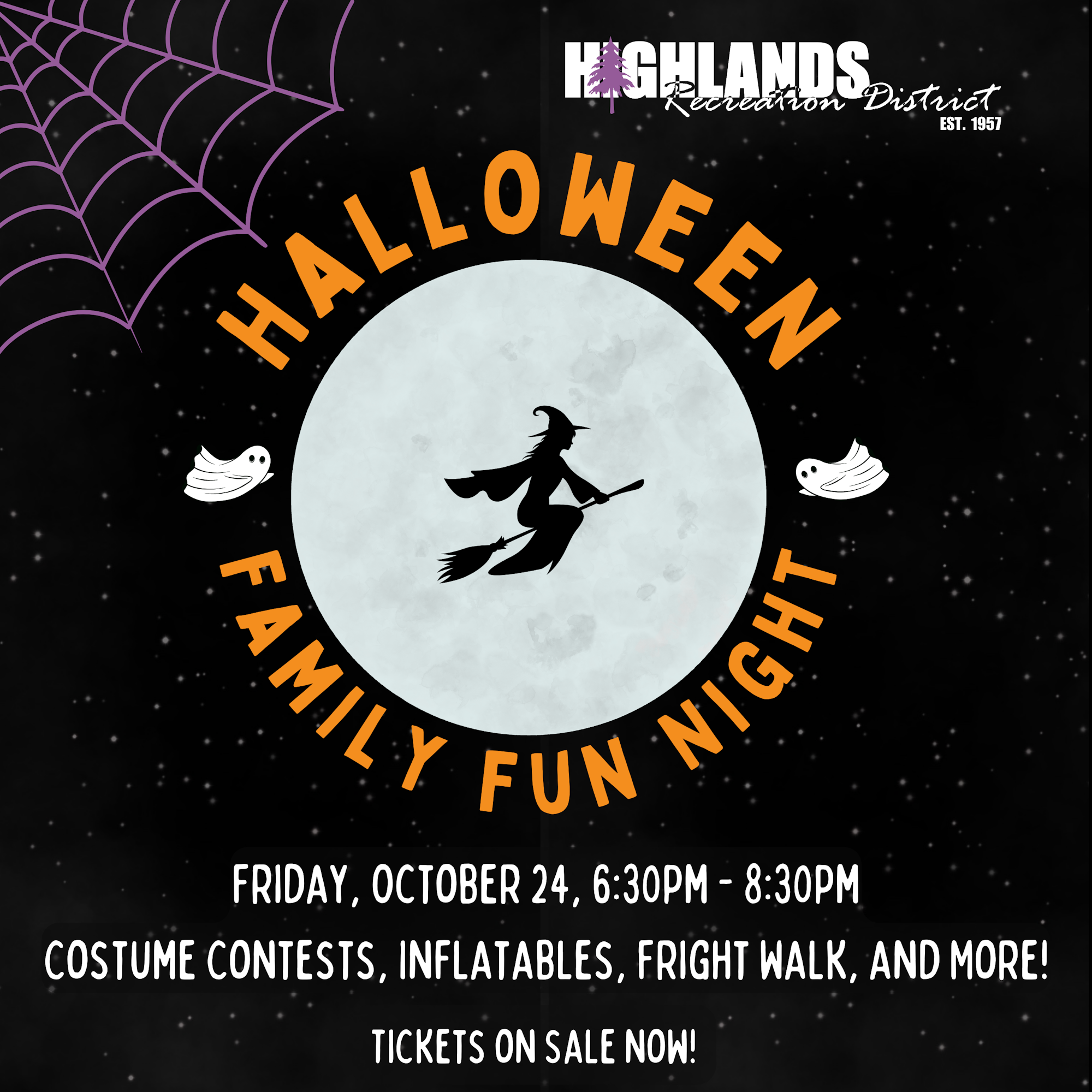 Halloween Family Fun Night poster with a witch, ghosts, and event details for October 24, 6:30-8:30PM.