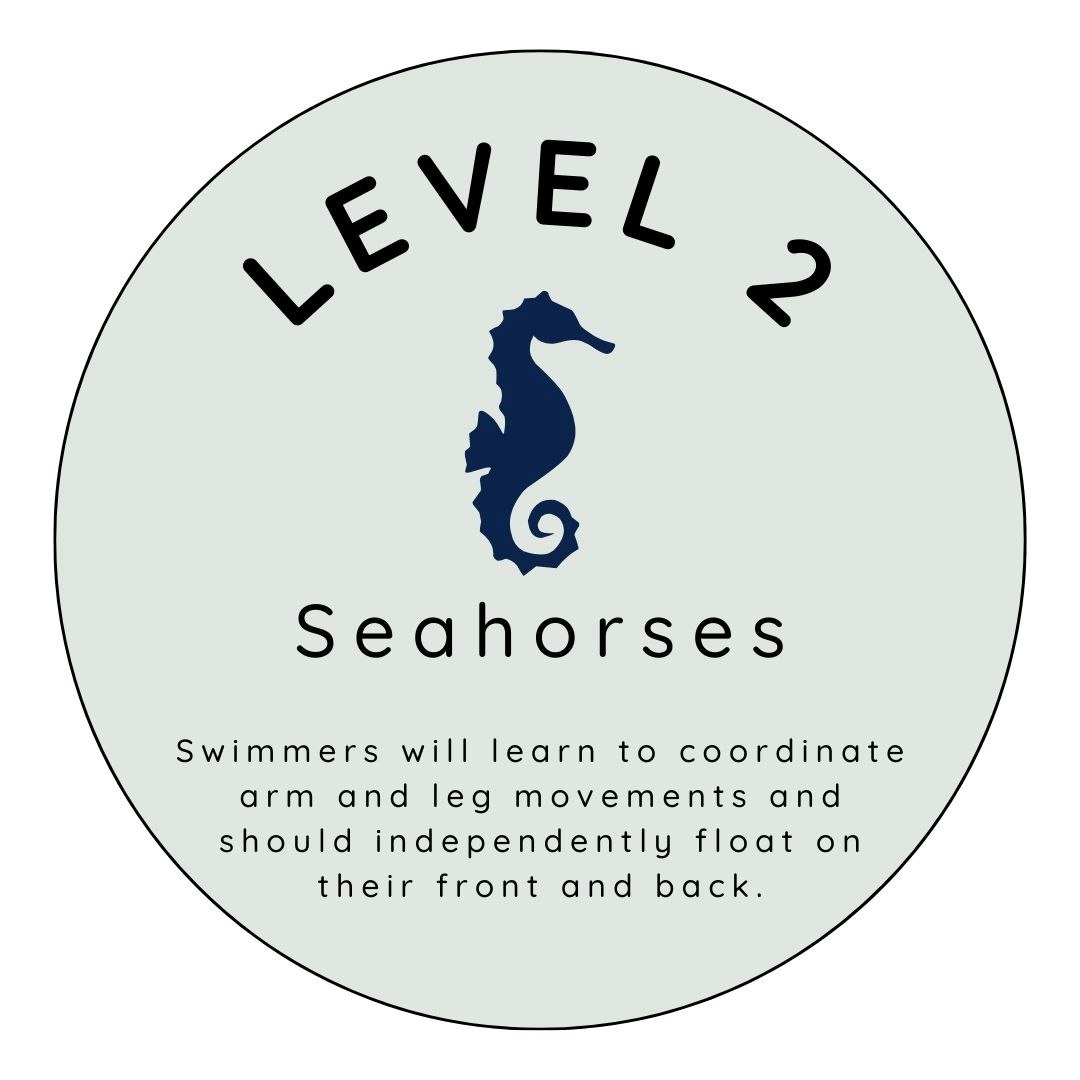 Level 2 swimming badge featuring a seahorse and instructions on skills learned at this stage.