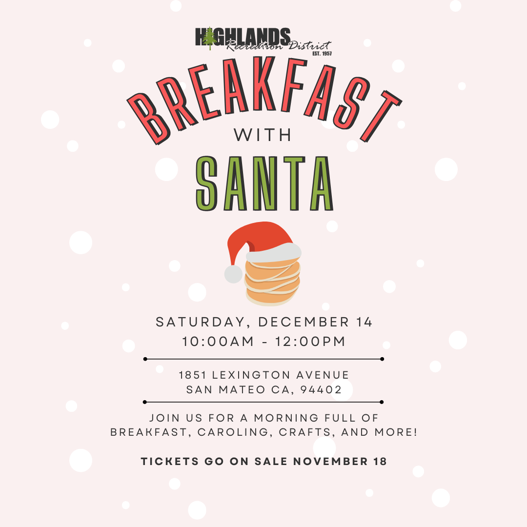 An event flyer for "Breakfast with Santa" on December 14, from 10:00am to 12:00pm, featuring activities like caroling and crafts.