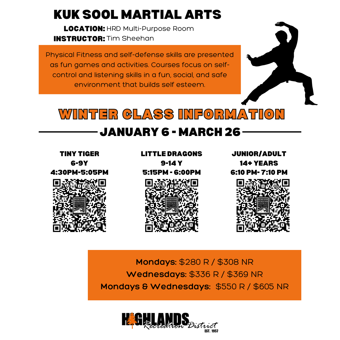 Kuk Sool Martial Arts classes for ages 6+ from Jan 6-Mar 26. Multiple sessions with different prices. Instructor: Tim Sheehan.