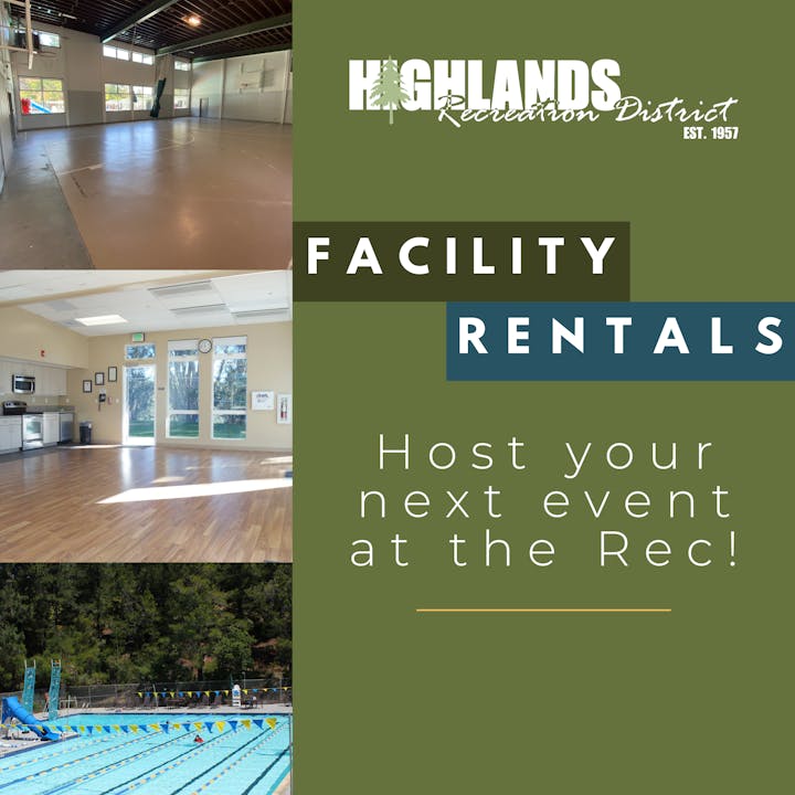 Highlands Recreation District offers facility rentals for events with various indoor and outdoor spaces available.