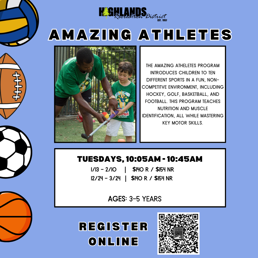 "Enroll kids ages 3-5 in Amazing Athletes program to explore sports, learn nutrition, and motor skills. Tuesdays, Jan 13 - Feb 10."
