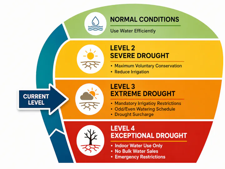 The image outlines drought levels: Normal, Severe (Level 2), Extreme (Level 3), and Exceptional (Level 4), with conservation measures for each.