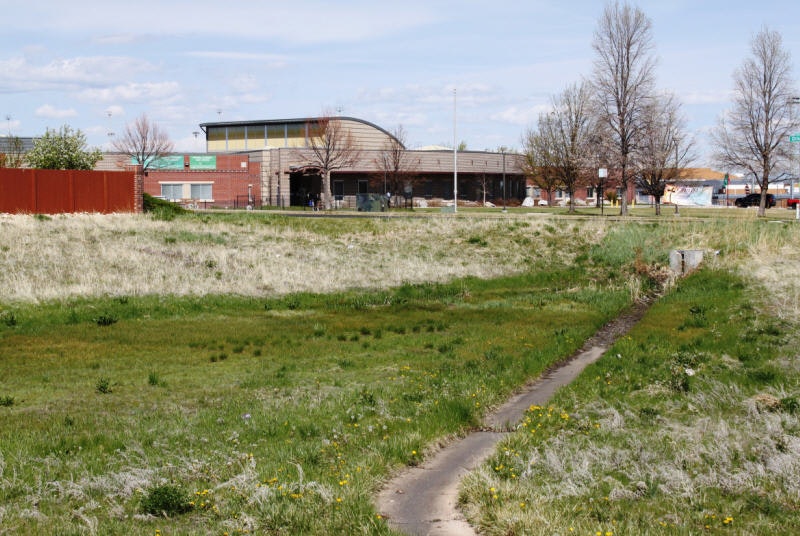 A grassy field with a narrow dirt path, trees, and a building in the background under a blue sky with clouds.