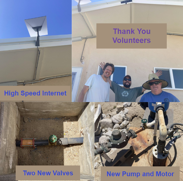 A collage showing high-speed internet installation, volunteers, new valves, and a new pump and motor.