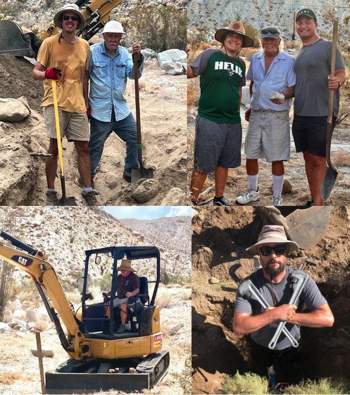 A collage of four images showing people with digging tools, one in a mini excavator, and another holding climbing gear, outdoors.