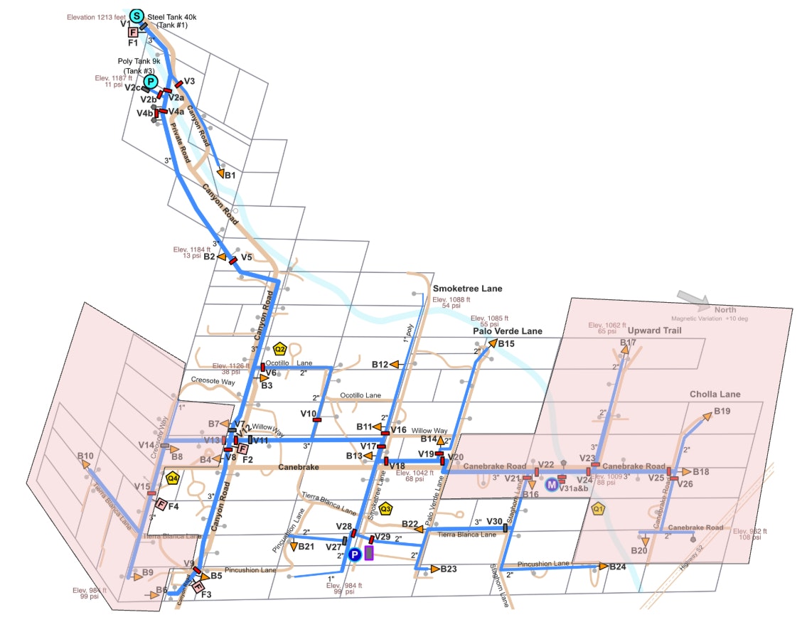 The image is a map showing water lines, tanks, elevation points, and street names in a specific area.