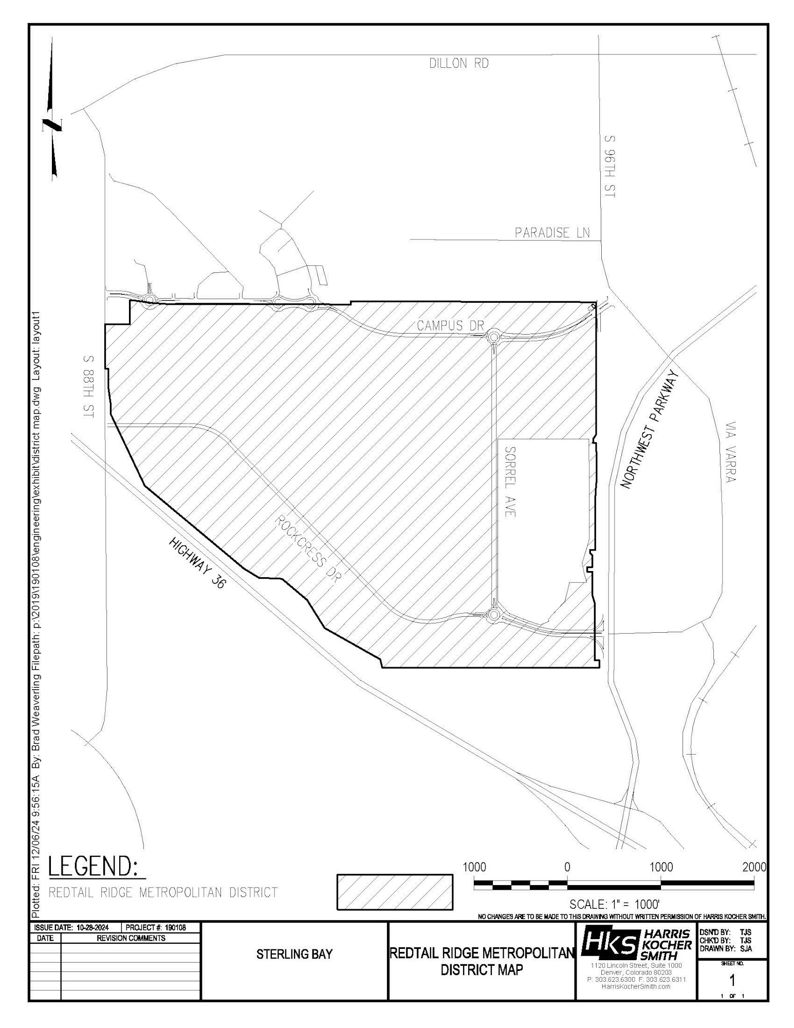 Map of Redtail Ridge Metropolitan District, generally located west of Northwest Parkway and north of Highway 36