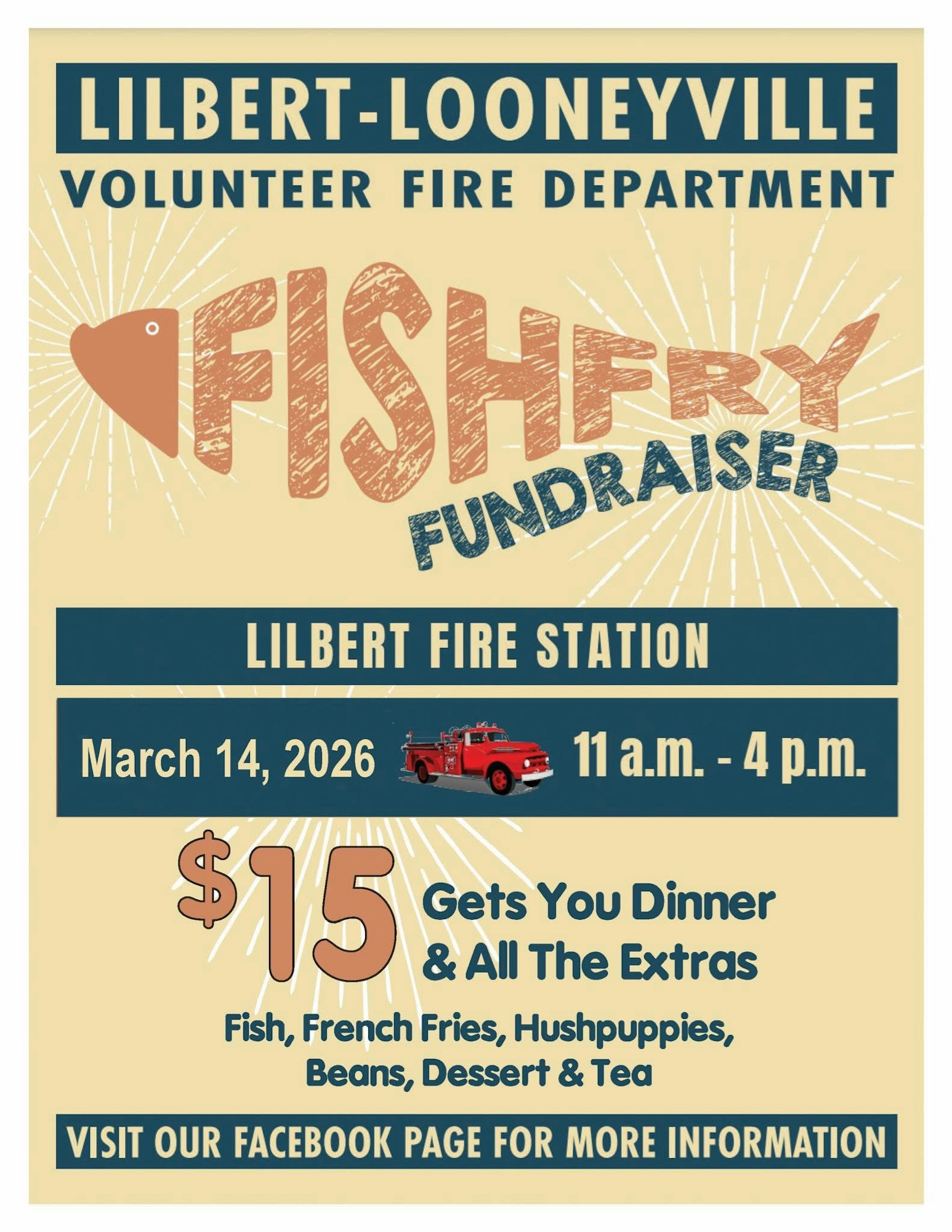Fish fry fundraiser for the Lilbert-Looneyville Volunteer Fire Department on March 14, 2026, from 11 a.m. to 4 p.m. for $15.
