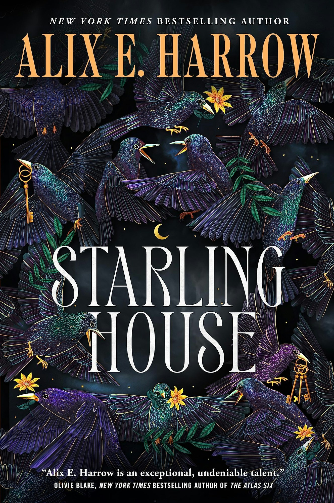 Illustrated birds with keys and flowers surround the "Starling House" book title by Alix E. Harrow.