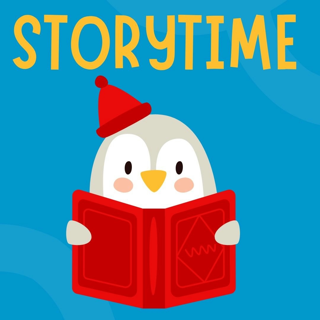 A cute penguin in a red hat reading a red book with "STORYTIME" text above on a blue background.