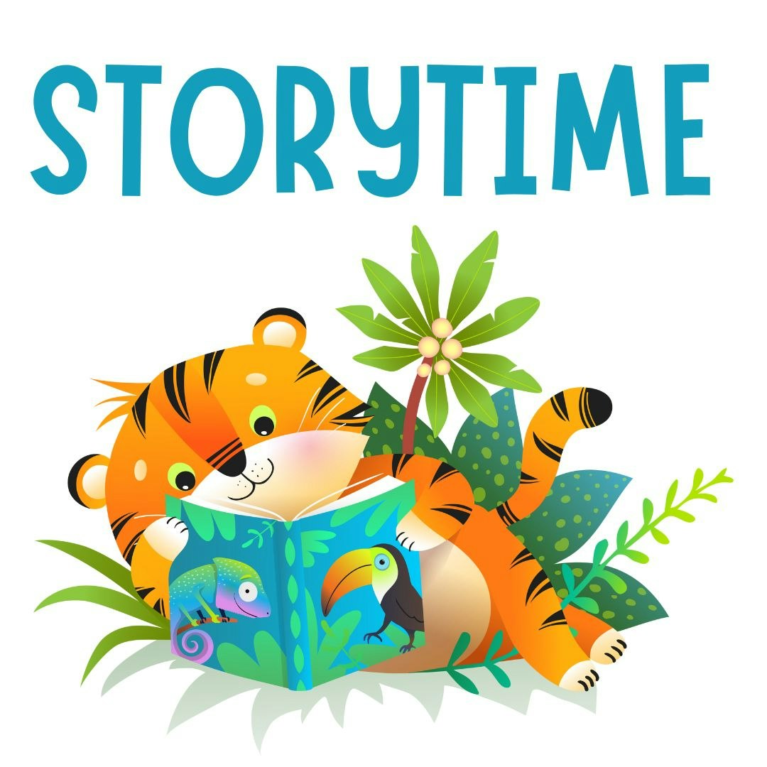 Cartoon tiger reading a book in the jungle with "STORYTIME" above.