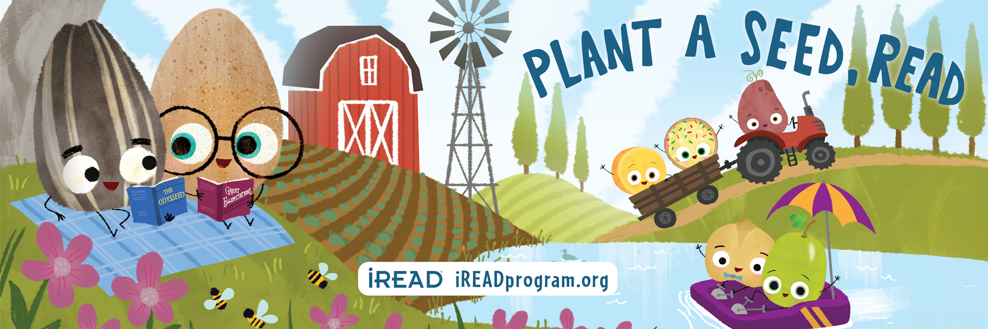 A whimsical illustration promoting reading, featuring cute characters like seeds and a tractor, with the tagline "Plant a Seed, Read."