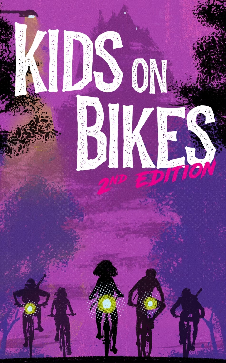 Silhouettes of kids on bikes with headlights in a purple scene, title text above: "Kids on Bikes 2nd Edition."
