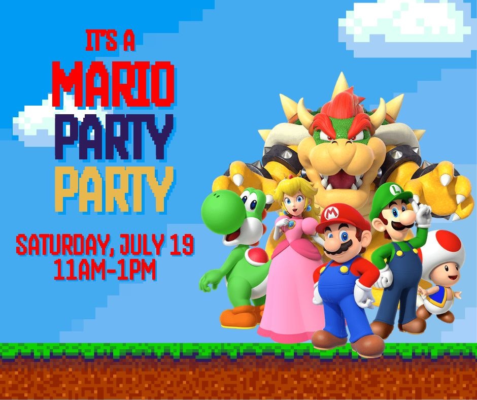Mario Party event on Saturday, July 19, 11AM-1PM, featuring characters like Mario, Luigi, and more with a pixelated background.
