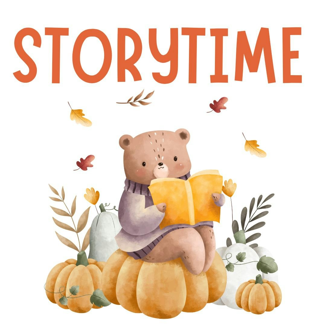 Illustration of a bear reading a book, sitting on pumpkins with autumn leaves around, and the word "Storytime" above.