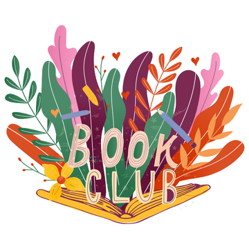 Colorful leaves and flowers erupting from a book with "Book Club" near the bottom.