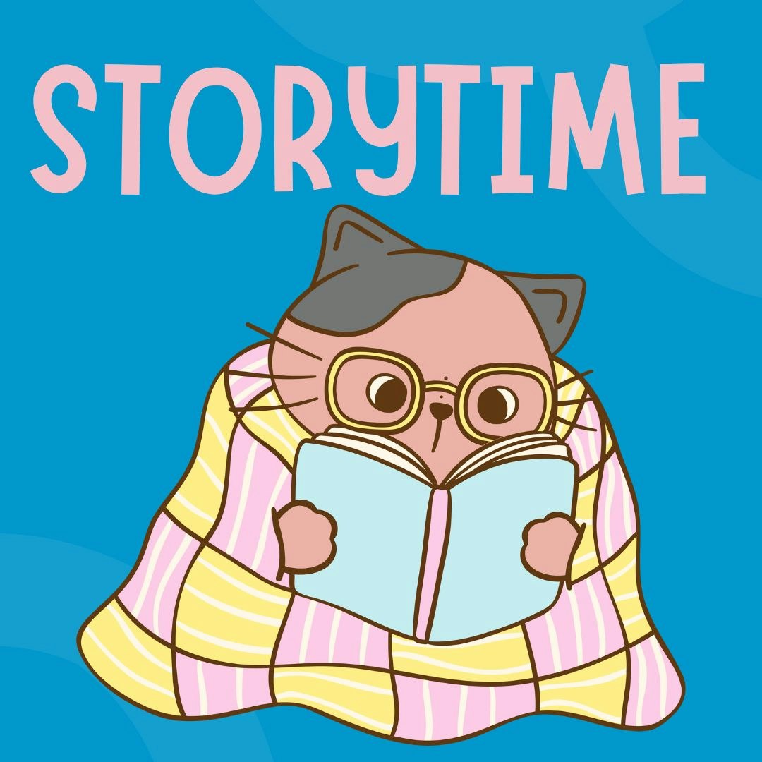 Cartoon cat with glasses reads a book, wrapped in a striped blanket. Text: "STORYTIME" on a blue background.