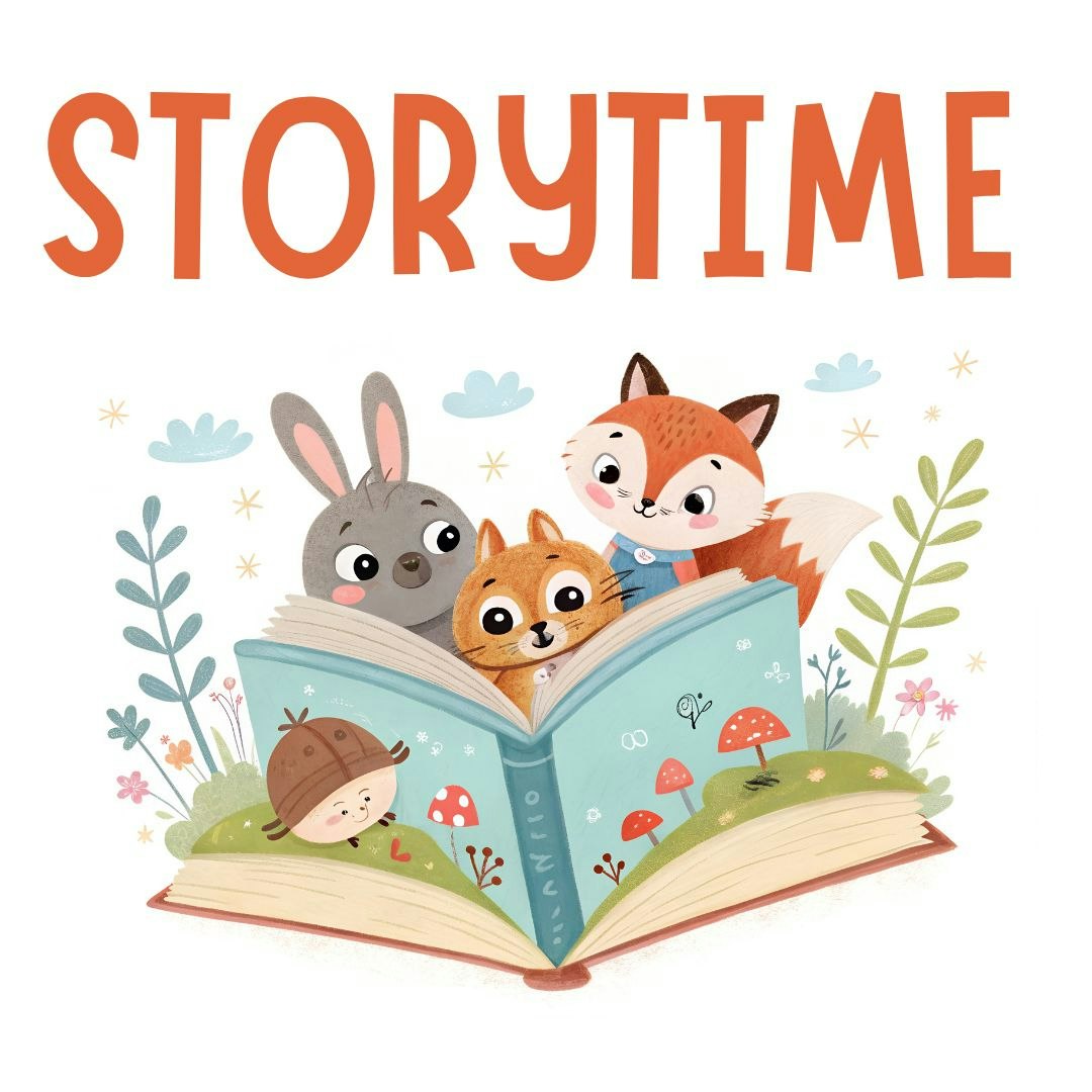 Cartoon animals reading a large open book. The word "STORYTIME" is above them with plants around.