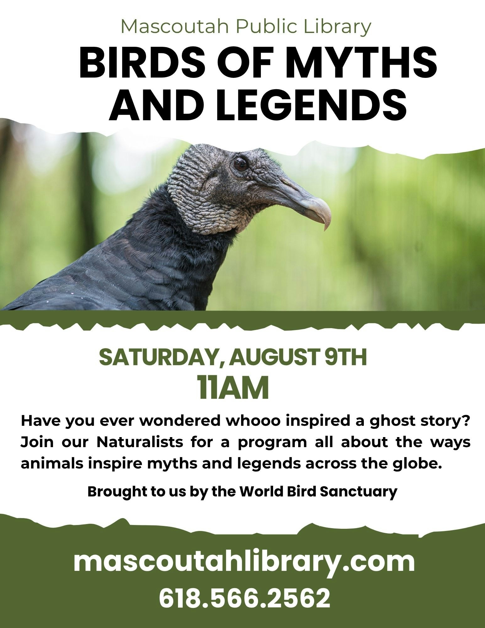 Event ad for "Birds of Myths and Legends" at Mascoutah Library, August 9th, 11AM. Contact info included.