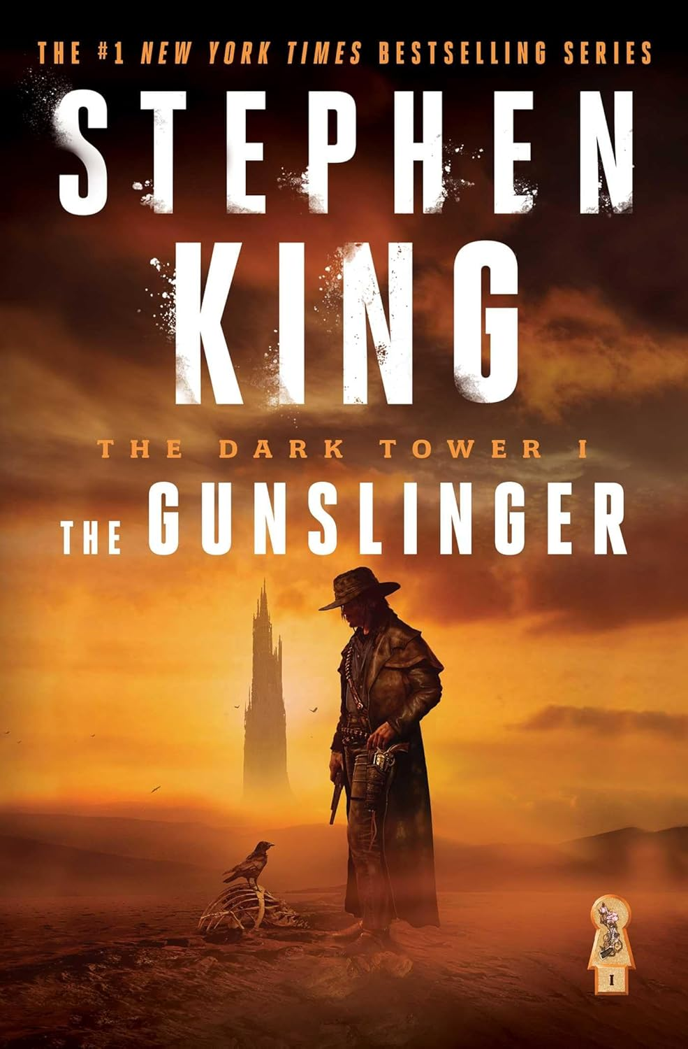 Book cover of "The Gunslinger" by Stephen King, featuring a dark silhouette of a gunslinger in a desert with a tower in the background.