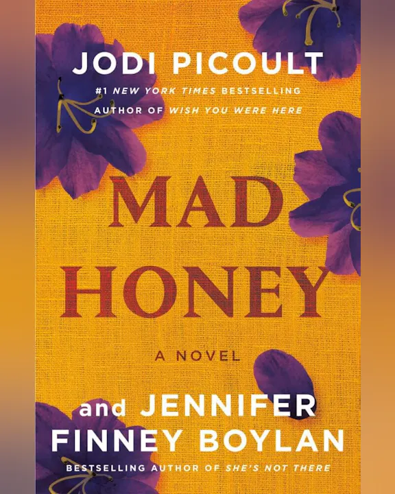 The image features the book cover of "Mad Honey," co-authored by Jodi Picoult and Jennifer Finney Boylan.