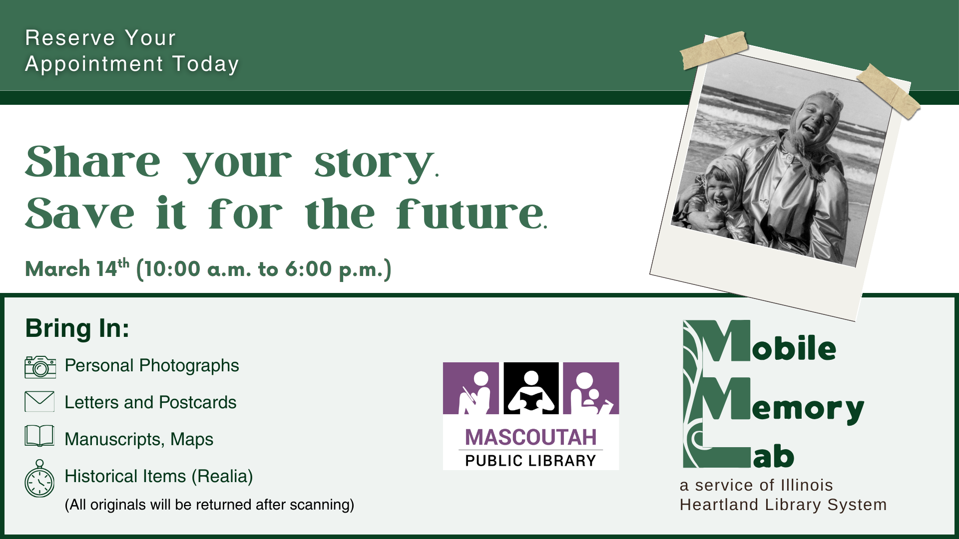 Event on March 14th at Mascoutah Public Library to preserve personal stories and artifacts. Bring photographs, letters, and more.