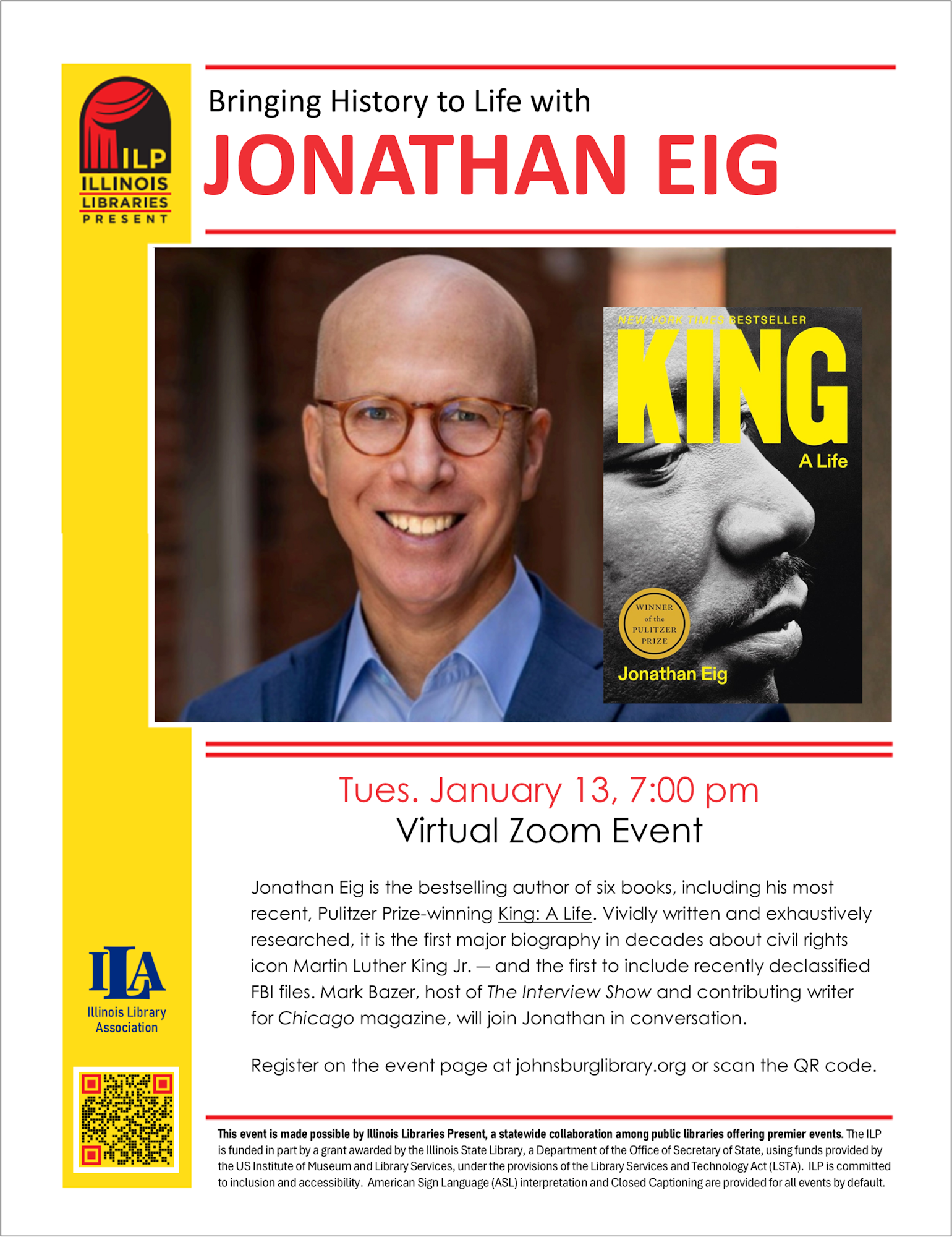 A virtual event with Jonathan Eig discussing his Pulitzer Prize-winning biography "King: A Life" on January 13 at 7 PM.