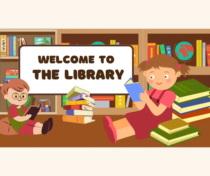 Children reading books in a library with a "Welcome to the Library" sign and bookshelves in the background.