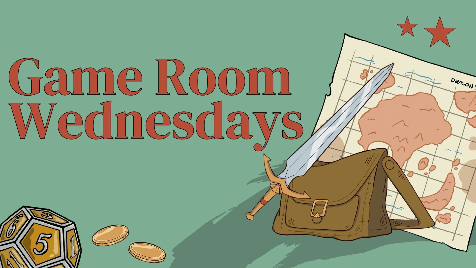 "Game Room Wednesdays" with a map, sword, dice, coins, and a bag on a green background.