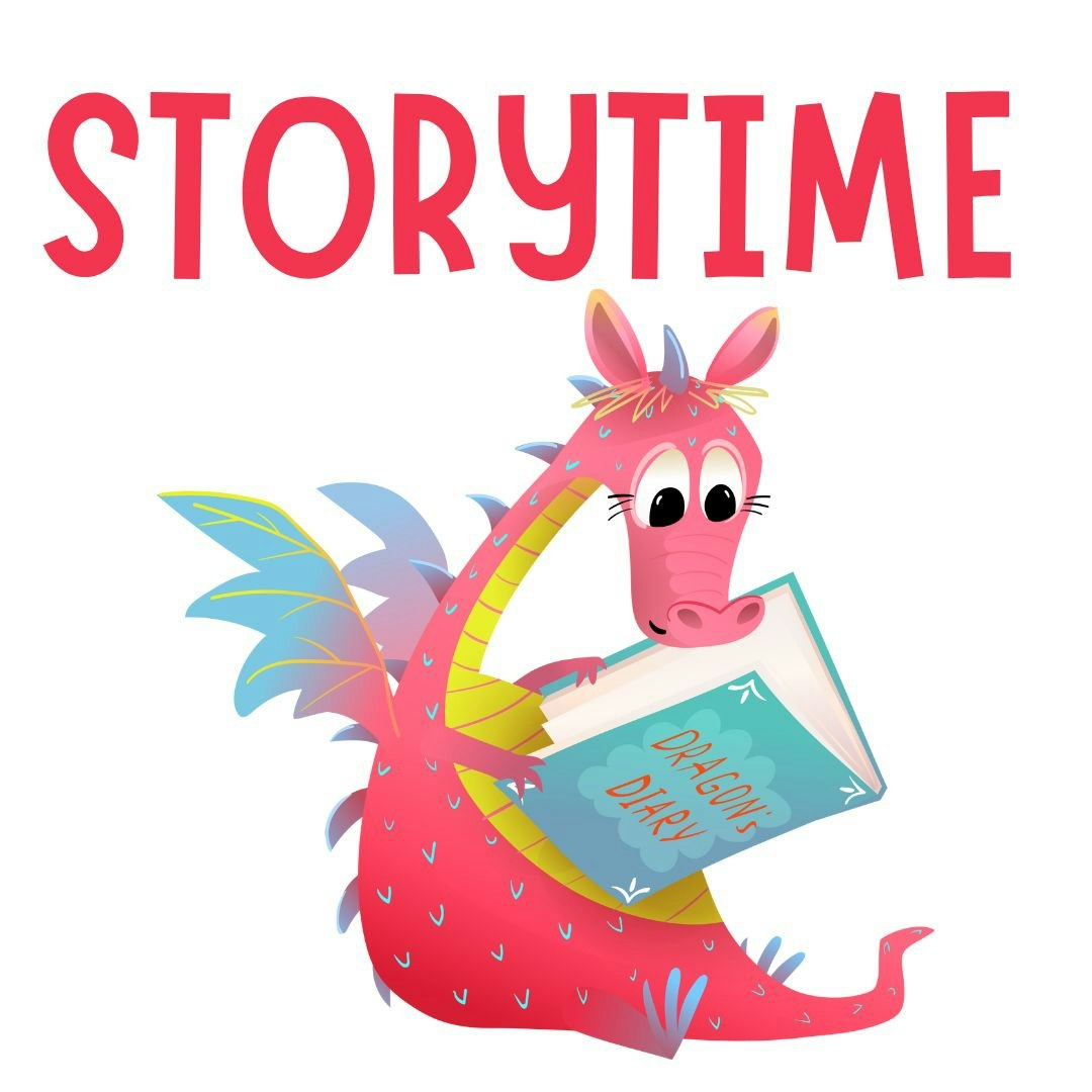 A cute pink dragon reading a book titled "Dragon’s Diary" under the word "STORYTIME."