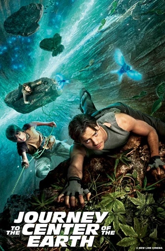 People climbing rocks in a lush, fantastical environment with giant mushrooms and glowing creatures. Text: "Journey to the Center of the Earth."