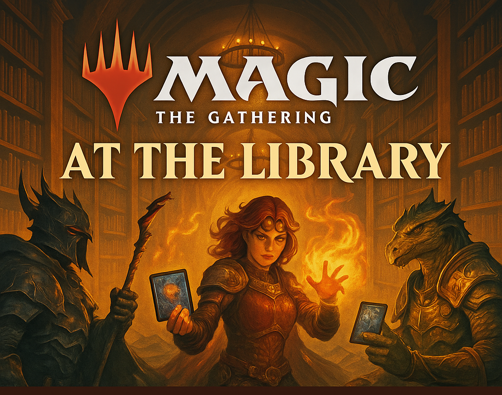 "Magic: The Gathering" poster features a fiery character and two fantasy creatures playing cards in a mystical library.