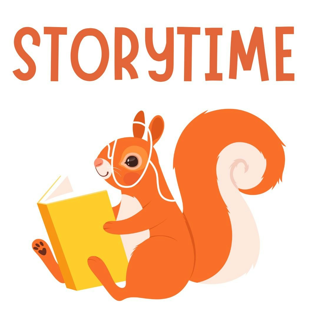 A cartoon squirrel reading a book with the word "STORYTIME" above.