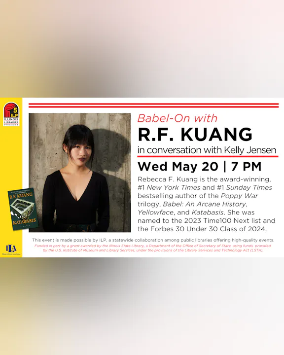 Event featuring author R.F. Kuang discussing her works, including "KATABASIS," with Kelly Jensen on May 20 at 7 PM.