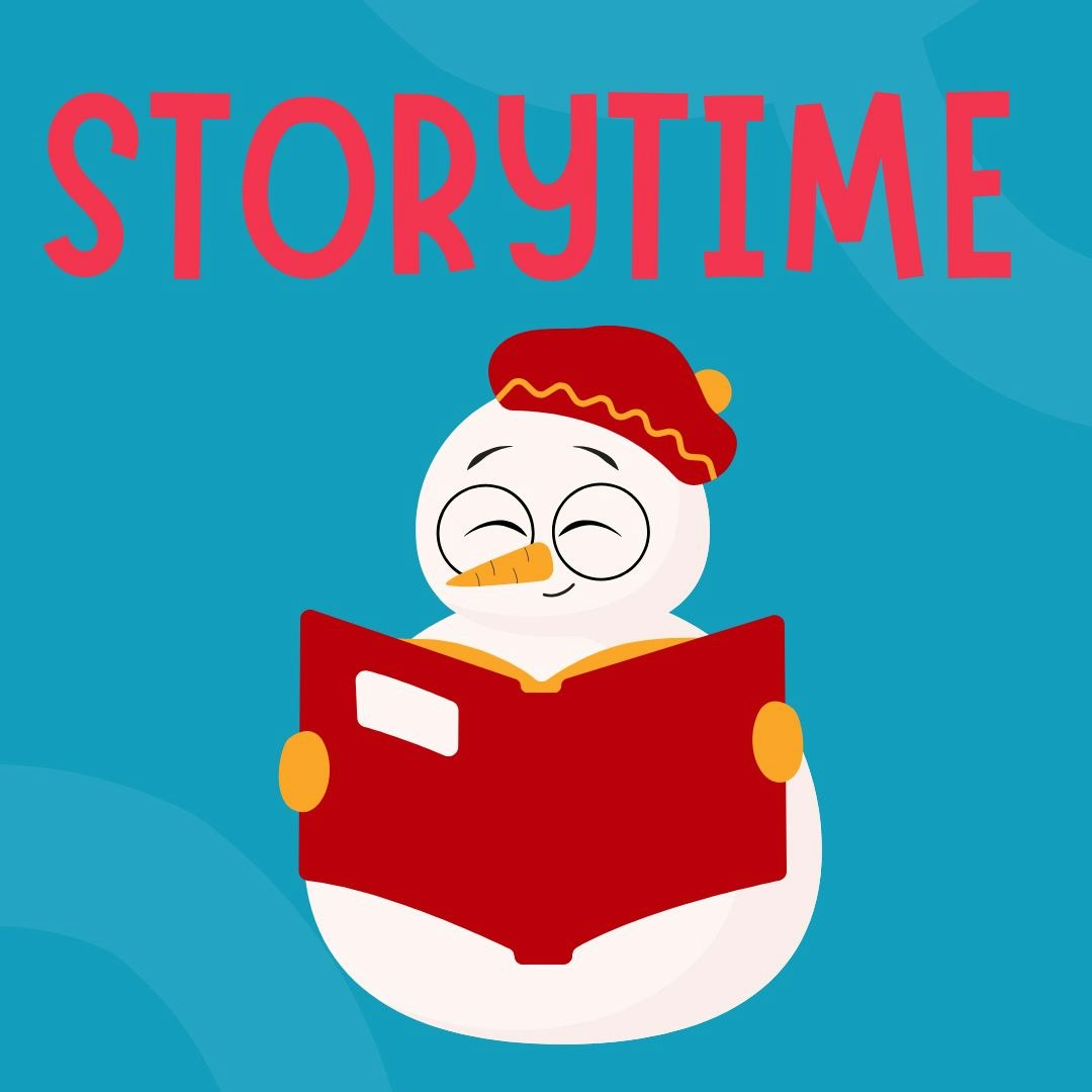Snowman in a hat reading a red book, with the word "STORYTIME" above on a blue background.