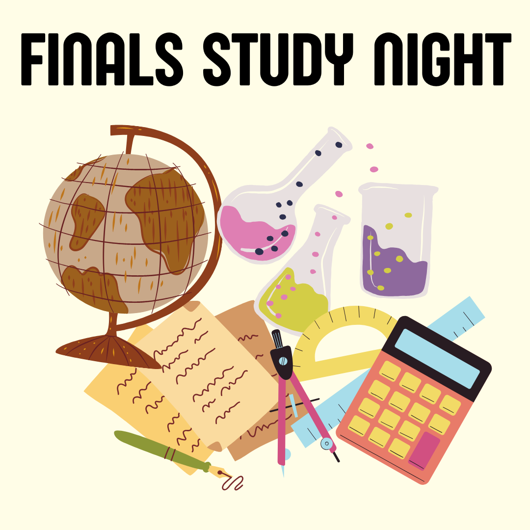 A fun illustration for "Finals Study Night," featuring a globe, science beakers, notes, a calculator, and drafting tools.