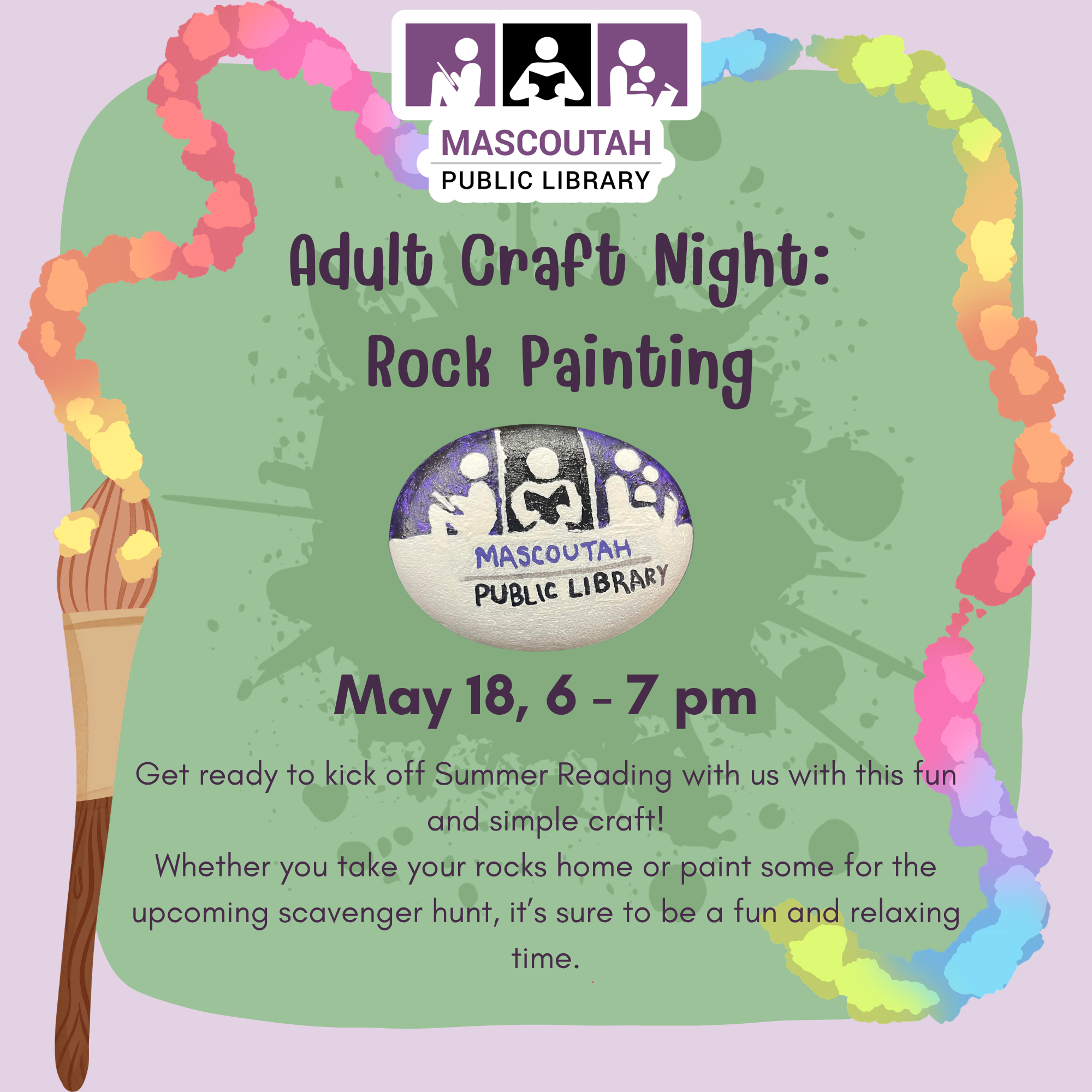Adult Craft Night at Mascoutah Public Library on May 18, 6-7 PM. Enjoy rock painting and a fun summer kickoff!