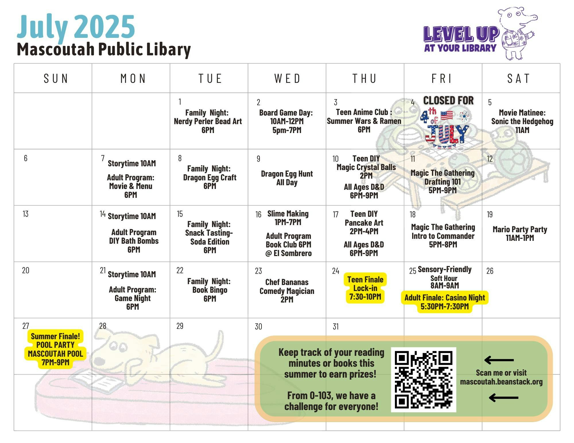 Mascoutah Library July 2025 events calendar, including Storytime, Magic, Book Club, Teen DIY, and more. Summer Finale events highlighted.