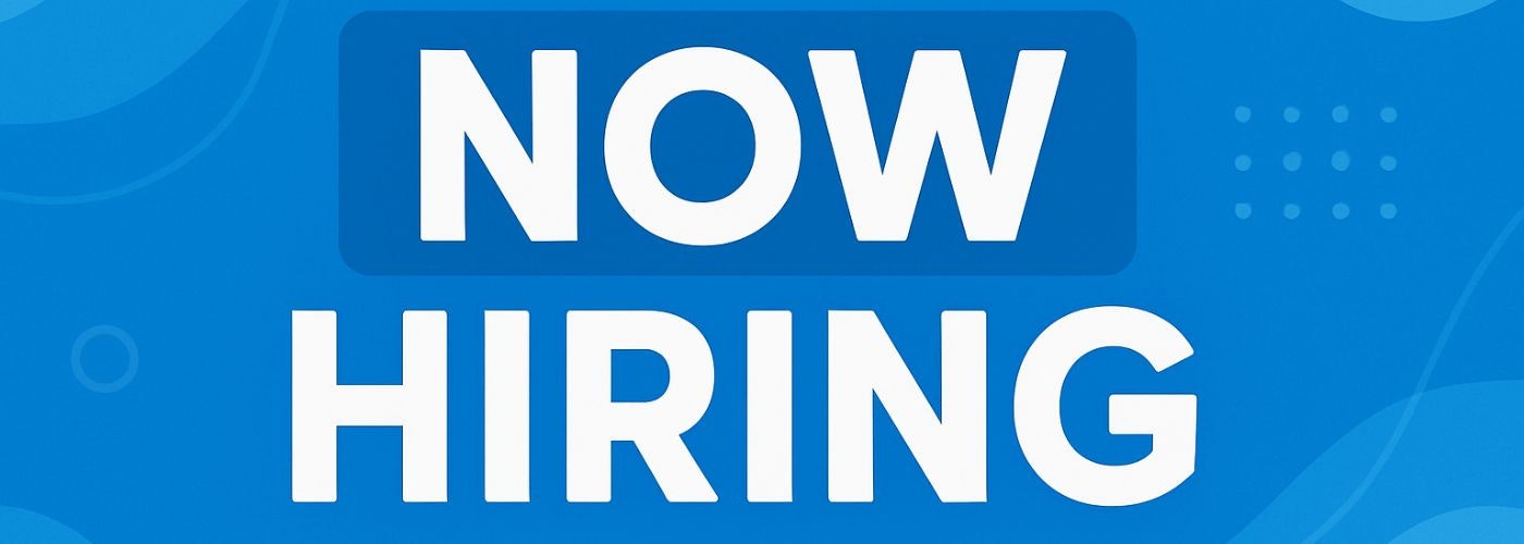 The image features a bold announcement that reads "NOW HIRING" on a blue background.