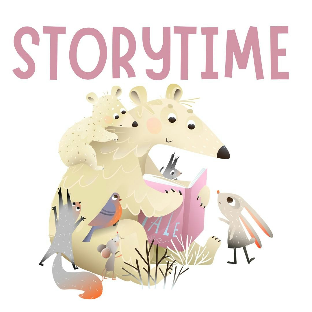 Cartoon animals gathered around a large bear reading a pink book titled "TALE" with "STORYTIME" written above.