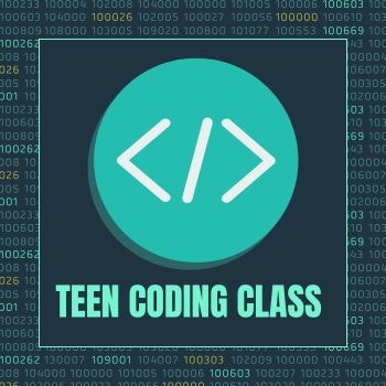 A logo with coding brackets and the text "Teen Coding Class" over a background of binary numbers.
