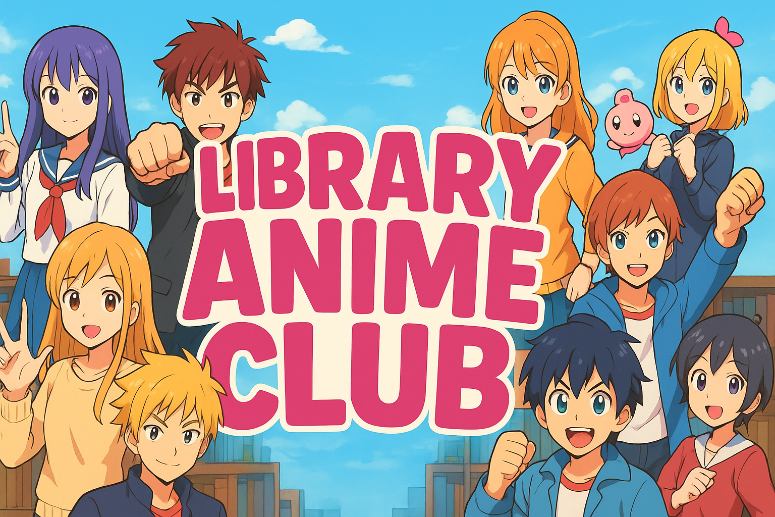 Anime characters with a "Library Anime Club" text over a blue sky background.