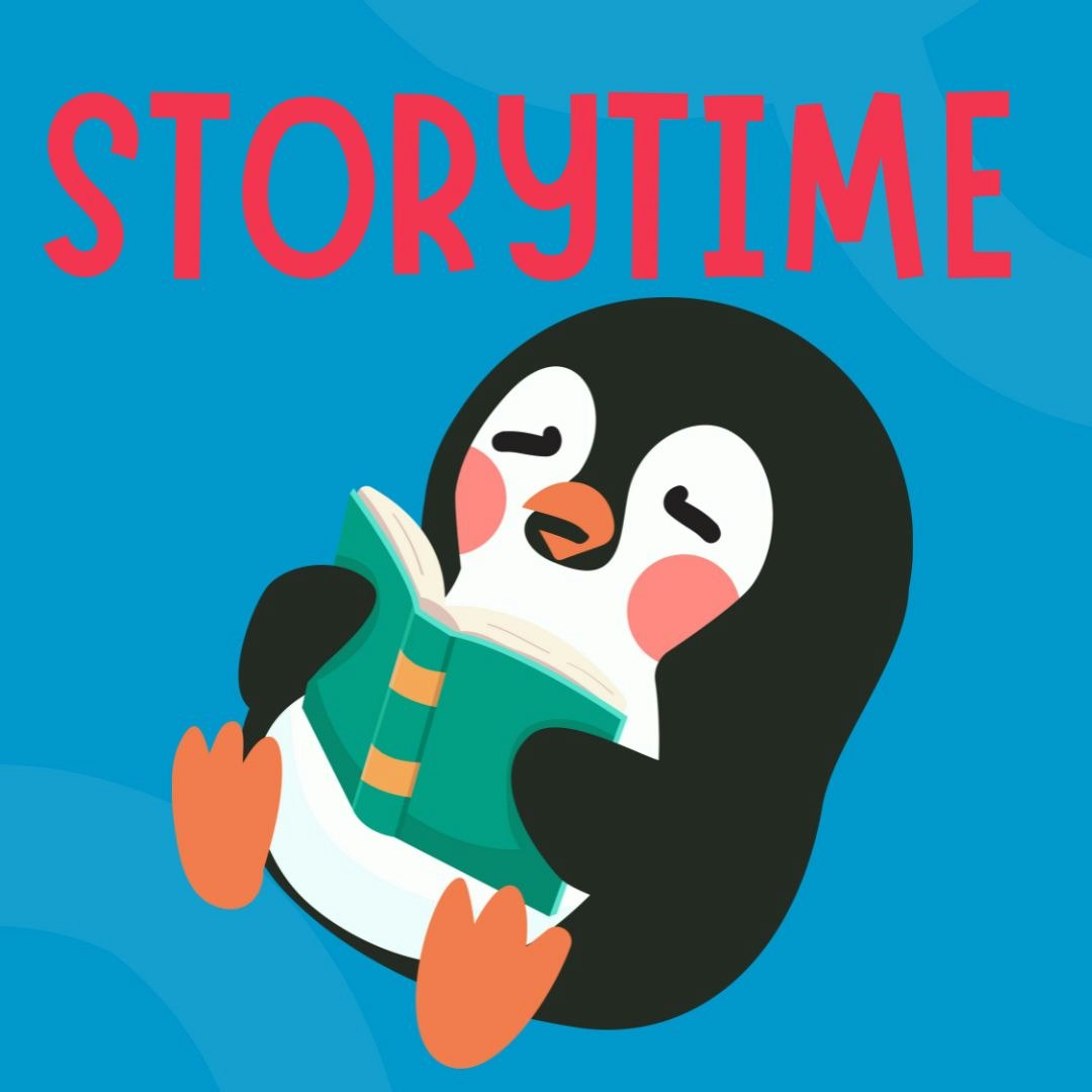 A cute penguin reading a book with the word "STORYTIME" above it.