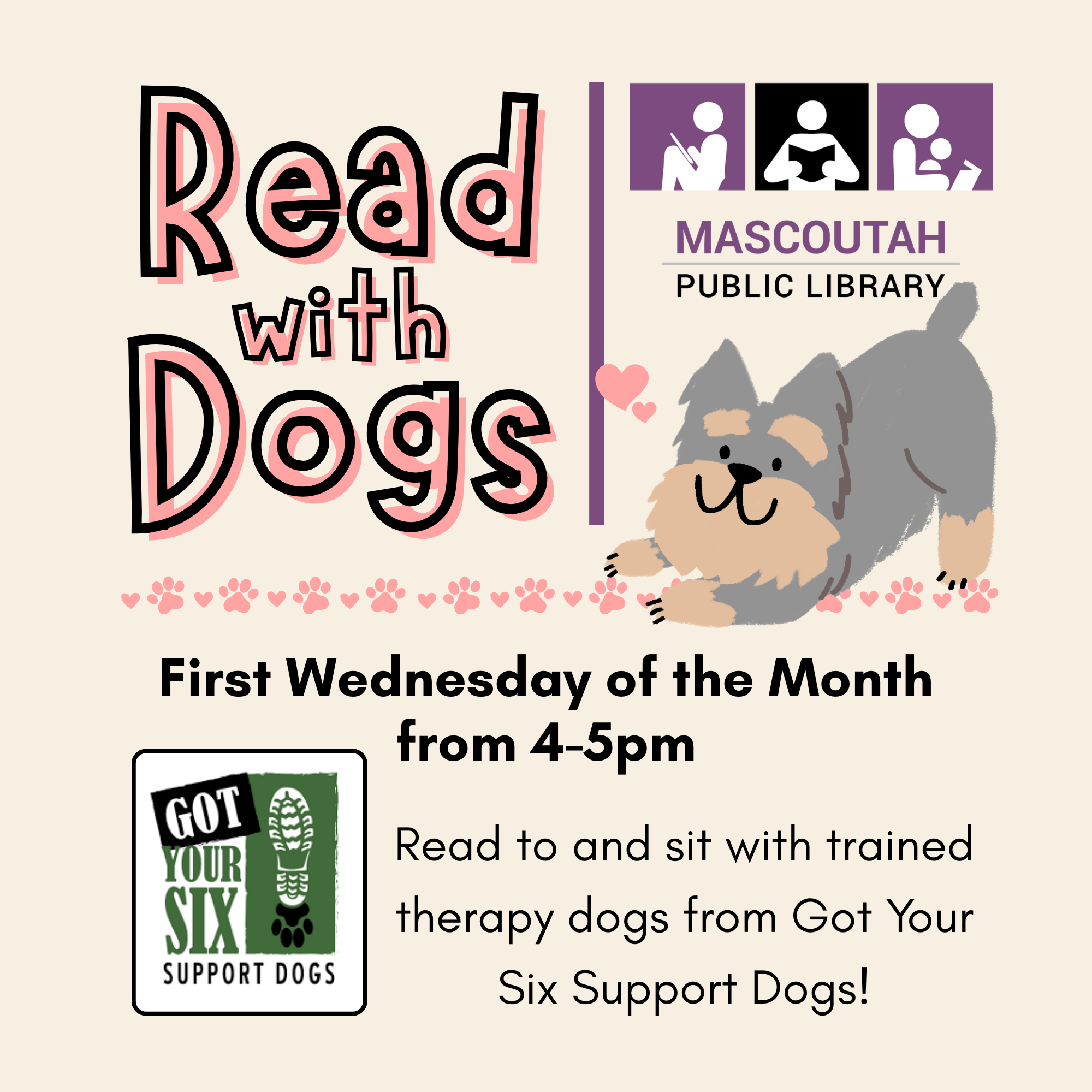 The image promotes "Read with Dogs" at Mascoutah Public Library, monthly on the first Wednesday from 4-5 PM with therapy dogs.