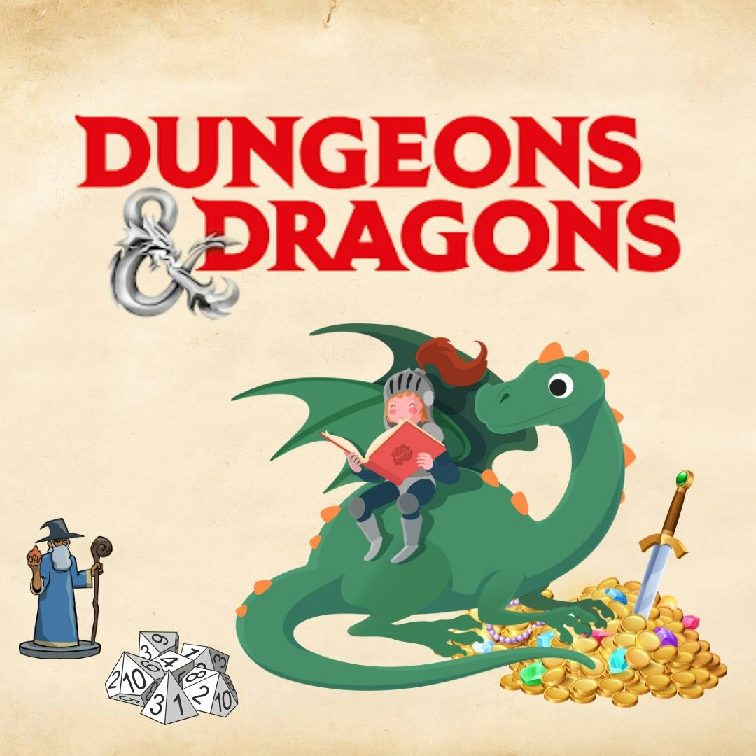 Dungeons & Dragons cover art: knight on dragon, treasure, sword, wizard, dice.