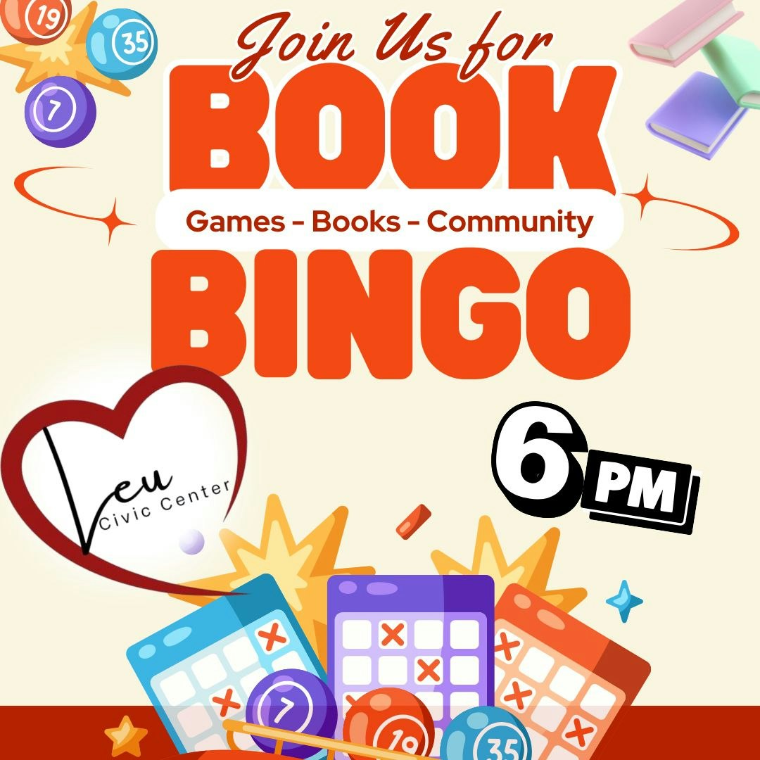 Join us for Book Bingo at Leu Civic Center, 6 PM. Games, books, community.
